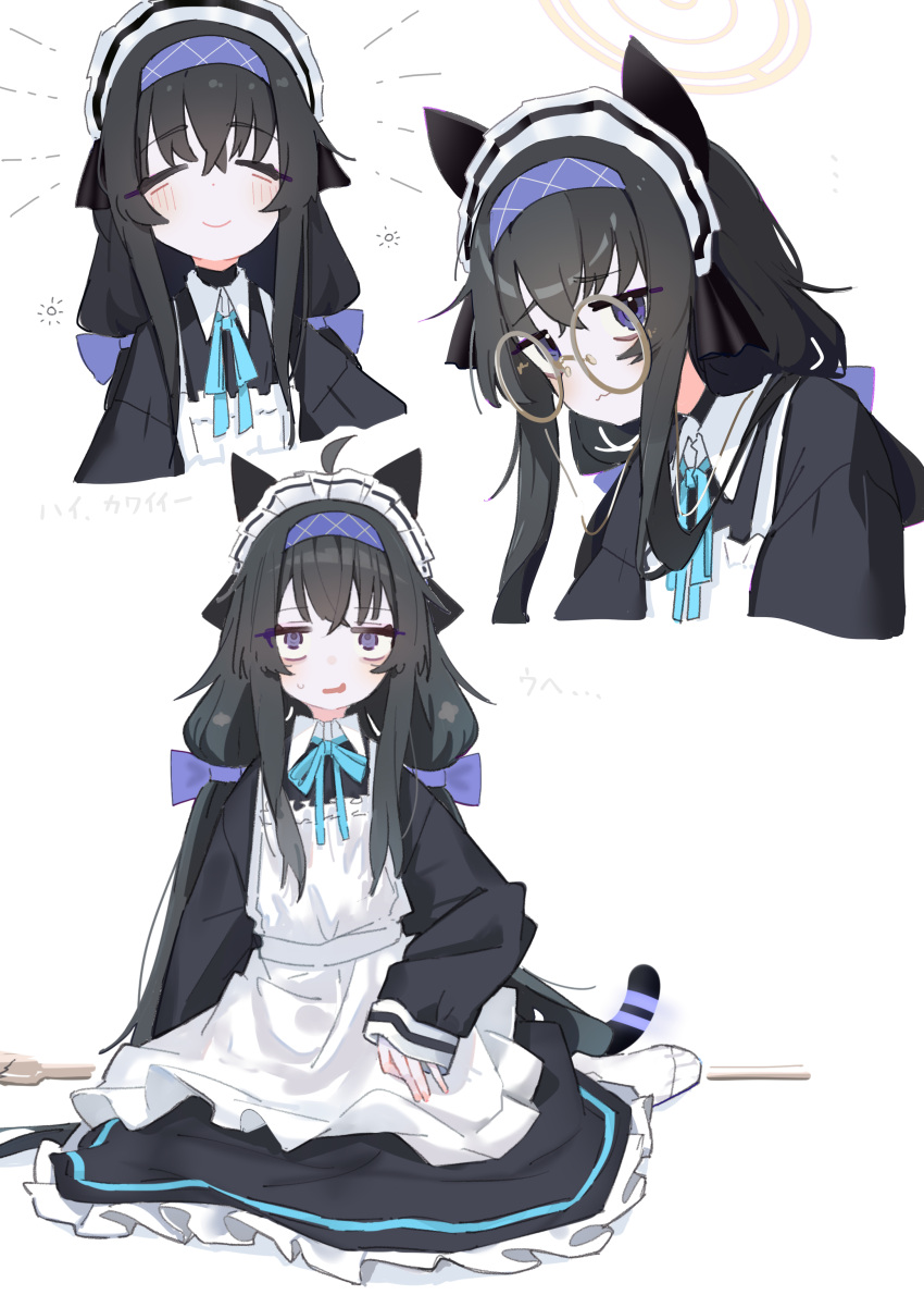 1girl absurdres ahoge alternate_costume animal_ears apron aqua_ribbon bags_under_eyes black_dress black_hair blue_archive blue_bow blue_eyes blue_hairband bow broom cat_ears cat_tail closed_eyes crossed_bangs dress enmaided fake_tail frilled_apron frills hair_between_eyes hair_bow hairband highres jitome kemonomimi_mode kilabo long_sleeves looking_at_viewer low_twintails maid maid_apron maid_headdress multiple_views neck_ribbon petticoat ribbon simple_background sitting sleeves_past_wrists socks sweatdrop tail twintails ui_(blue_archive) white_apron white_background white_socks