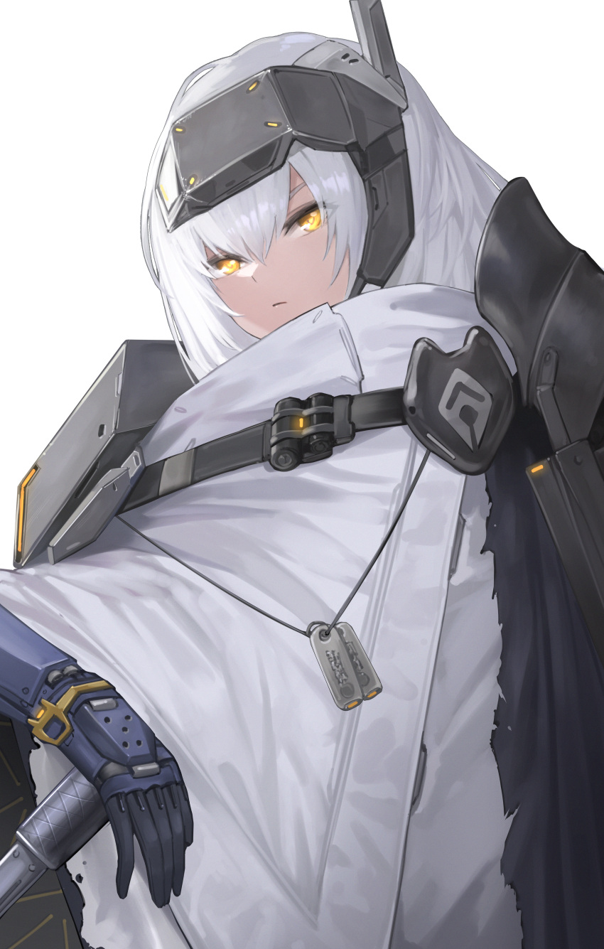 1girl absurdres armor assault_rifle cloak dog_tags frown goddess_of_victory:_nikke gun highres kurone_rinka long_hair looking_at_viewer mecha_musume mechanical_arms rifle shoulder_armor simple_background single_mechanical_arm snow_white_(nikke) solo torn_cloak torn_clothes upper_body visor_(armor) weapon white_background white_cloak white_hair yellow_eyes