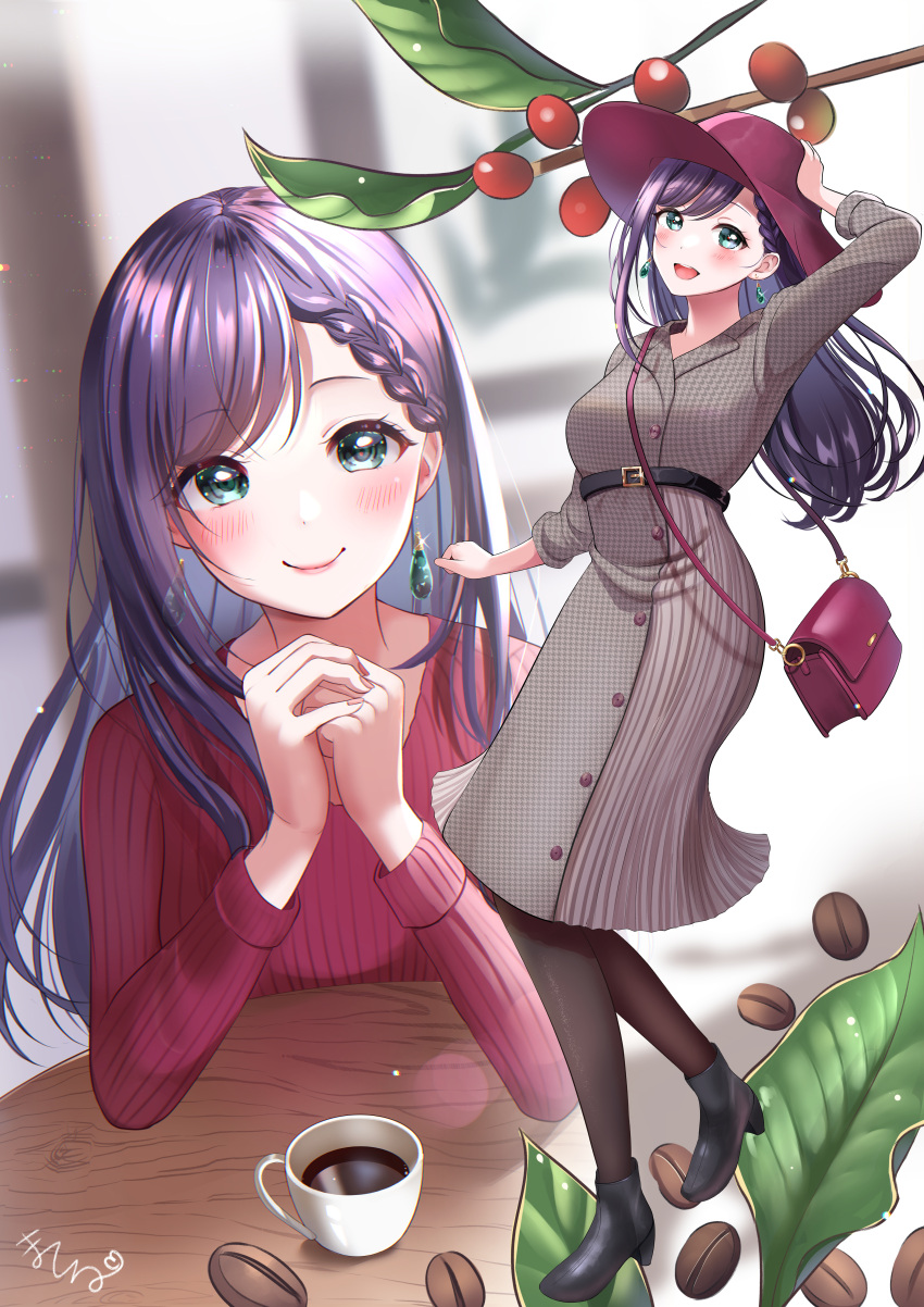 1girl absurdres bag brown_dress cafe coffee coffee_cup cup dating desk disposable_cup dress earrings green_eyes hat high_heels highres jewelry materu_(2532) open_mouth original pantyhose purple_hair red_bag red_headwear red_sweater restaurant shoulder_bag sweater