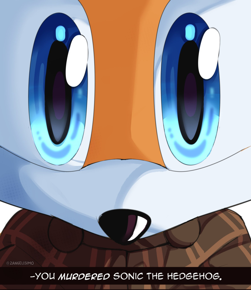 1boy 2angelisimo animal_nose artist_name blue_eyes coat coat_on_shoulders commentary english_commentary english_text fox furry furry_male highres looking_at_viewer orange_fur plaid plaid_coat snout solo sonic_(series) tails_(sonic) the_murder_of_sonic_the_hedgehog twitter_username upper_body white_background wide-eyed
