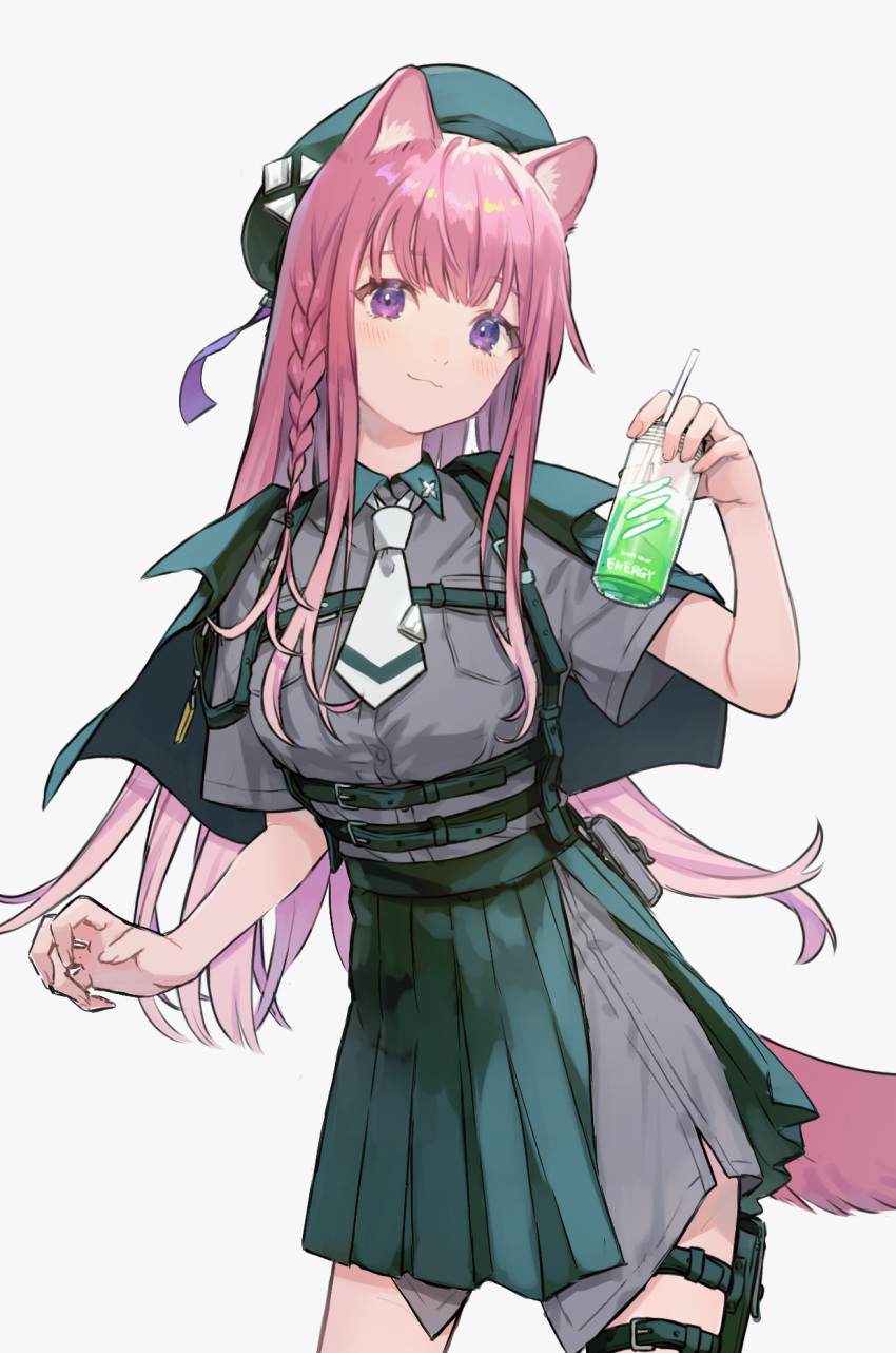 1girl :3 animal_ears beret black_skirt blush braid breasts capelet closed_mouth commentary cowboy_shot dress_shirt drink drinking_straw energy_drink facing_viewer grey_shirt harness hat hat_ribbon highres holding holding_drink long_hair long_shirt looking_at_viewer medium_breasts necktie original oversized_clothes oversized_shirt pink_eyes pink_hair pink_tail pleated_skirt ribbon saino_misaki shirt side_slit simple_background single_braid skirt smile solo straight_hair symbol-only_commentary tail thigh_pouch white_background wind wolf_ears wolf_girl wolf_tail