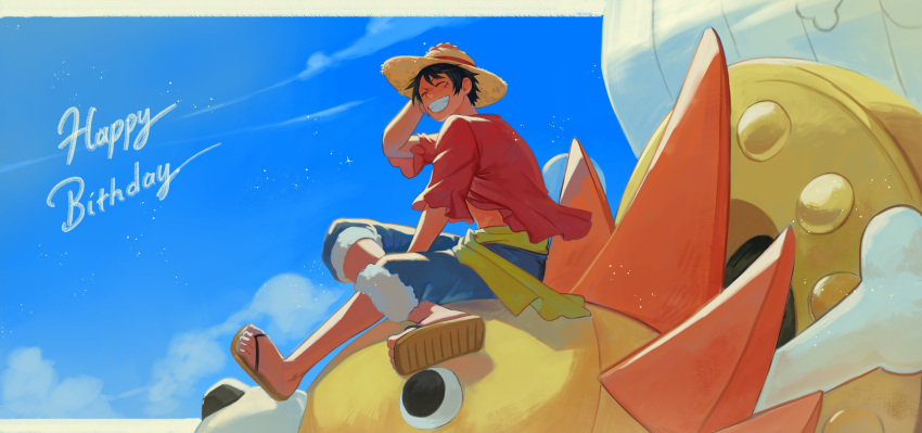 1boy ^_^ absurdres arm_up black_hair blue_sky closed_eyes figure_four_sitting figurehead_(boat) fur-trimmed_shorts fur_trim grin hand_on_headwear happy happy_birthday hat highres jennyandloiryan male_focus monkey_d._luffy one_piece open_clothes open_shirt red_shirt sandals sash shirt short_hair shorts sitting sky smile solo straw_hat thousand_sunny yellow_sash