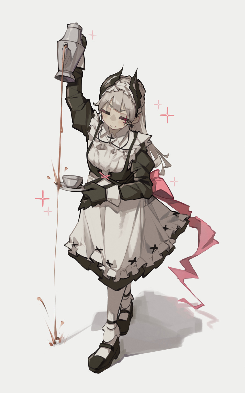 1girl absurdres apron arknights black_footwear black_gloves closed_eyes commission cup decantering english_commentary failure full_body gloves grey_hair head_wings highres holding holding_cup holding_teapot irene_(arknights) irene_(voyage_of_feathers)_(arknights) juliet_sleeves long_sleeves maid maid_apron mary_janes official_alternate_costume pantyhose puffy_sleeves shoes simple_background smile solo teacup teapot togekk0 white_background white_pantyhose wings you're_doing_it_wrong