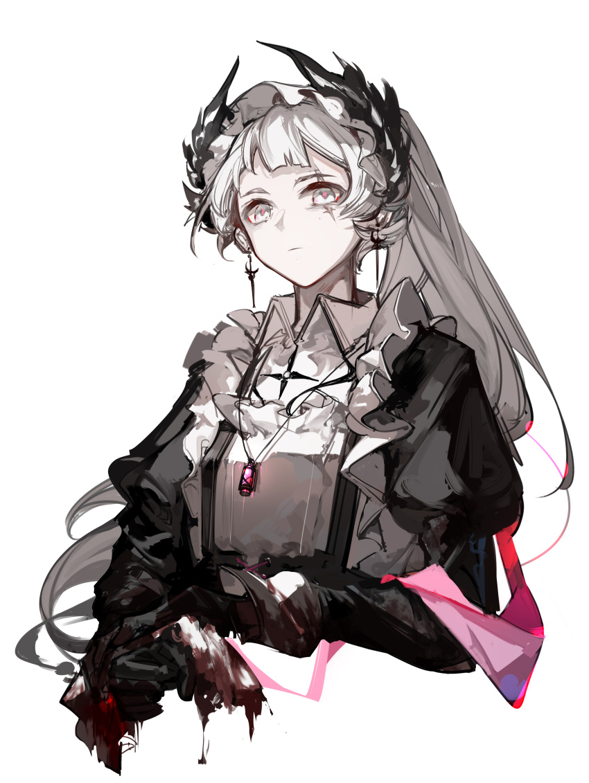 1girl absurdres apron arknights black_dress black_gloves blood dongsheng dress earrings gloves grey_eyes grey_hair head_wings high_ponytail highres irene_(arknights) irene_(voyage_of_feathers)_(arknights) jewelry juliet_sleeves long_hair long_sleeves maid_headdress necklace pink_ribbon puffy_sleeves ribbon scar scar_across_eye simple_background solo upper_body very_long_hair white_apron white_background wings wiping_blood