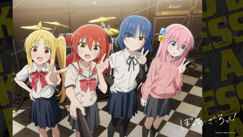 4girls alt_text blonde_hair blue_eyes blue_hair bocchi_the_rock! cube_hair_ornament drum drum_set gotou_hitori hair_ornament highres ijichi_nijika instrument jacket kita_ikuyo long_hair long_sleeves looking_at_viewer looking_away multiple_girls official_art official_wallpaper open_mouth pantyhose pink_hair pink_jacket pleated_skirt red_eyes redhead school_uniform selfie selfie_stick serafuku shimokitazawa_high_school_uniform short_hair shuka_high_school_uniform side_ponytail skirt track_jacket v yamada_ryou yamazaki_jun yellow_eyes