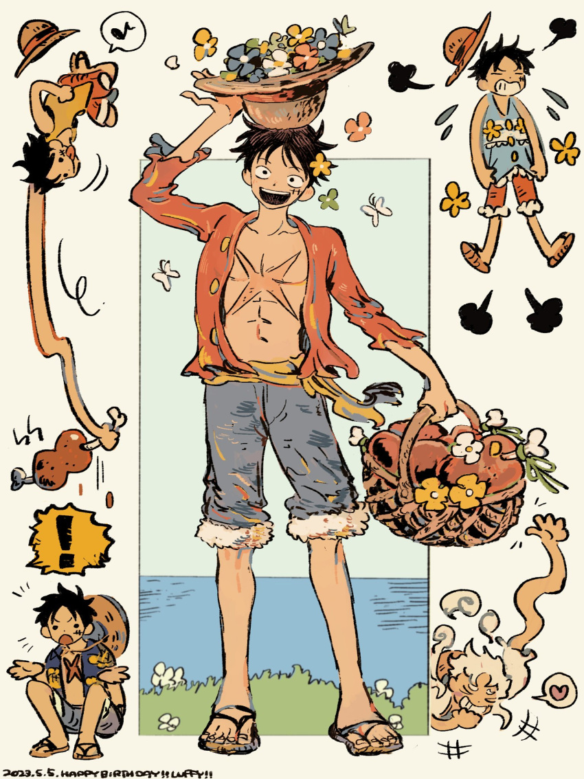 :d arm_up basket black_hair chibi chibi_inset flower food gear_fifth hand_on_headwear happy happy_birthday hat hat_basket highres holding holding_basket holding_clothes holding_hat makenevemoiine male_focus meat monkey_d._luffy official_alternate_costume one_piece open_clothes open_shirt sandals sash scar scar_on_chest shorts smile straw_hat white_hair