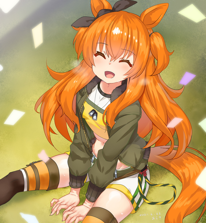 1girl animal_ears araki_(qbthgry) black_thighhighs brown_hair brown_jacket closed_eyes confetti crop_top dog_tags ear_ribbon highres horse_ears horse_girl horse_tail jacket long_hair mayano_top_gun_(umamusume) midriff open_mouth ribbon shirt short_shorts shorts smile solo tail thigh-highs thighs umamusume white_shorts yellow_shirt