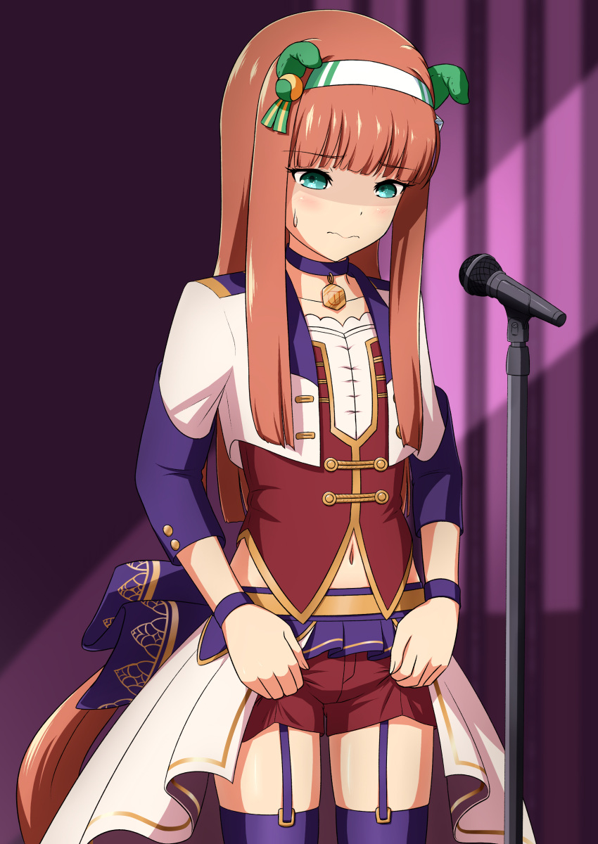 1girl absurdres animal_ears blunt_bangs choker corset cowboy_shot cropped_jacket ear_covers flat_chest green_eyes hairband highres hime_cut horse_ears horse_girl horse_tail jacket kasahebi long_hair long_sleeves microphone microphone_stand midriff official_alternate_costume orange_hair overskirt pendant_choker purple_choker purple_garter_straps purple_thighhighs red_corset red_shorts shorts silence_suzuka_(umamusume) solo starting_future_(umamusume) tail thigh-highs umamusume wavy_mouth white_hairband white_jacket