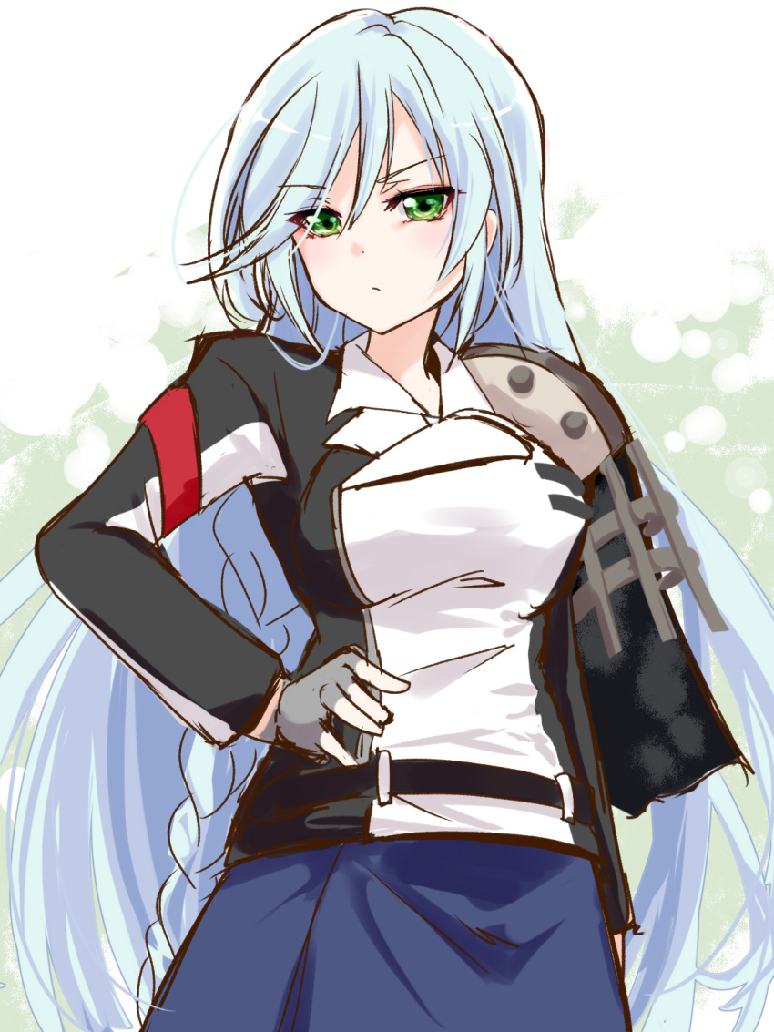 1girl aqua_hair arm_at_side armor assault_lily belt black_belt black_jacket blue_sky bow braid breasts closed_mouth commentary_request cosplay cowboy_shot fingerless_gloves gloves green_bow green_eyes grey_gloves hair_between_eyes hand_on_own_hip highres jacket light_blush long_hair long_sleeves looking_at_viewer medium_breasts miwada_rito multicolored_clothes multicolored_jacket pauldrons shoujo_kageki_revue_starlight shoulder_armor single_braid single_pauldron sketch sky solo standing two-tone_background two-tone_jacket urutsu_sahari v-shaped_eyebrows very_long_hair white_background white_jacket yanagi_koharu yanagi_koharu_(cosplay)