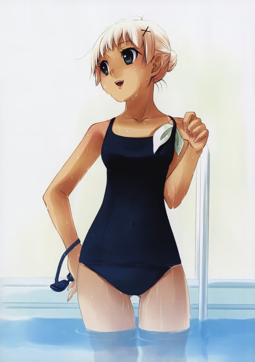 artist_request bun character_request goggles green_eyes hairpin hand_on_hip open_mouth school_swimsuit short_hair smile swimsuit tan water white_hair