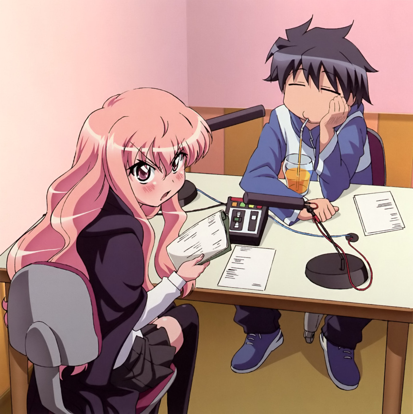 blush closed_eyes drinking highres hiiraga_saito hiraga_saito long_hair louise louise_francoise_le_blanc_de_la_valliere microphone microphone_stand pink_eyes pink_hair radio_booth sitting table thighhighs zero_no_tsukaima