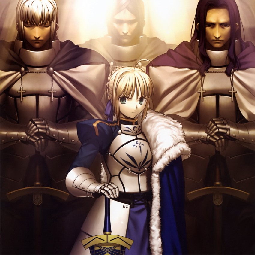 1girl 3boys absurdres ahoge armor armored_dress avalon_(fate/stay_night) bedivere blonde_hair braid cape closed_eyes cross dress excalibur fate/stay_night fate/zero fate_(series) fur gauntlets gawain_(fate/extra) green_eyes hair_ribbon hands_on_hilt highres king knight lancelot_(fate/stay_night) looking_at_viewer multiple_boys planted_sword planted_weapon ribbon saber sheath sheathed sword takeuchi_takashi type_moon weapon