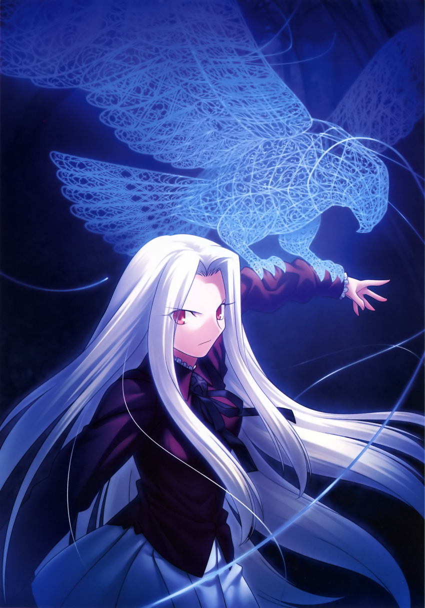 absurdres albino bird fate/stay_night fate/zero fate_(series) hawk highres irisviel_von_einzbern long_hair magic red_eyes skirt solo takeuchi_takashi type_moon white_hair