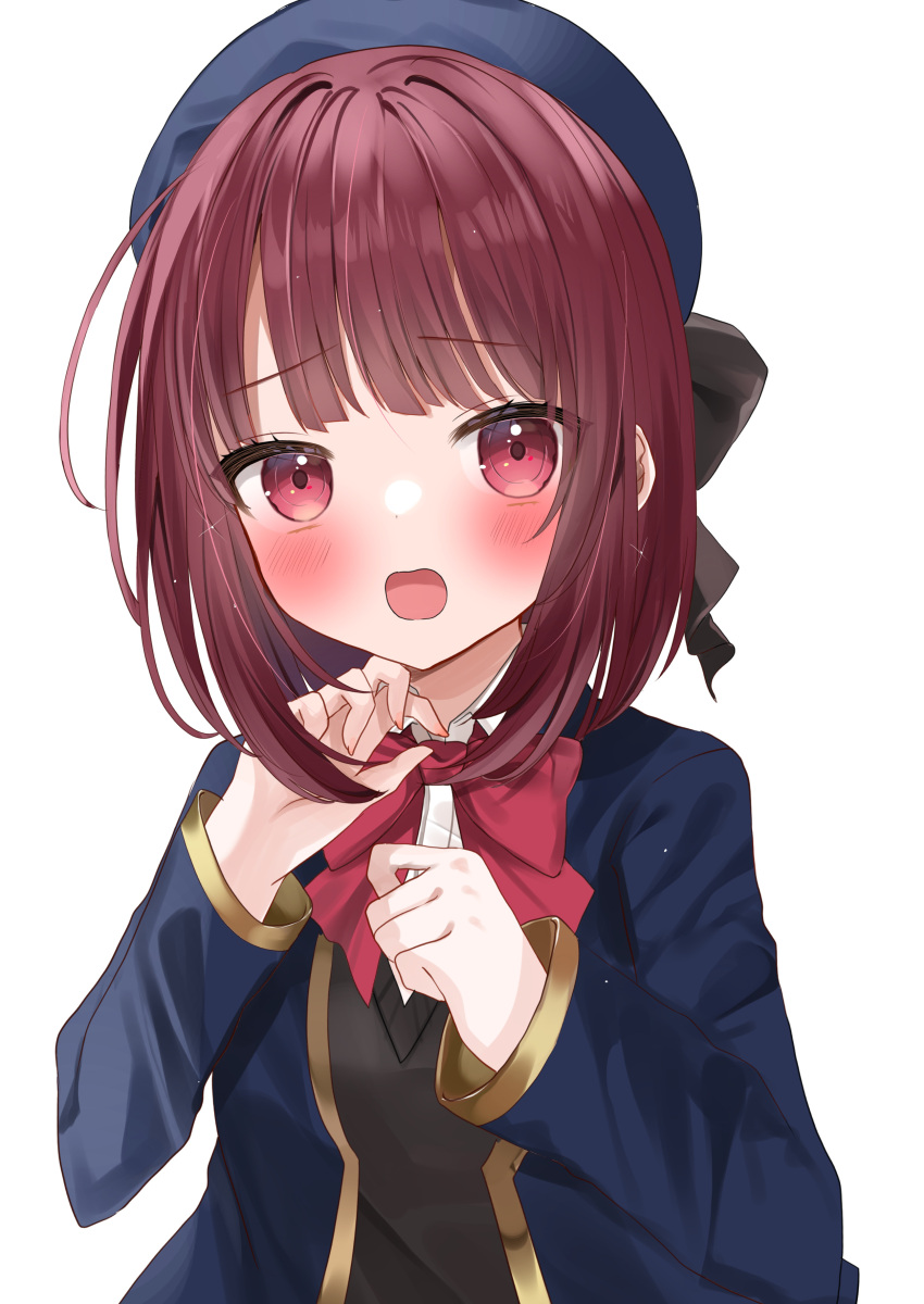 1girl absurdres arima_kana beret black_bow black_ribbon black_vest blue_headwear blue_jacket blush bow commentary_request hat hat_bow highres jacket long_sleeves okome2028 open_clothes open_jacket open_mouth oshi_no_ko pink_bow pink_ribbon red_eyes redhead ribbon school_uniform shirt short_hair simple_background solo vest white_background white_shirt youtou_high_school_uniform