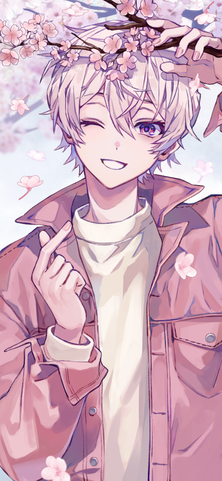 1boy ;d absurdres ayane_leon blurry blurry_background branch breast_pocket buttons cherry_blossoms creepyday falling_flower falling_petals finger_heart flower hand_up head_tilt highres holding holding_branch jacket looking_at_viewer male_focus one_eye_closed petals piece_a_part pink_flower pink_hair pink_jacket pink_nails pocket shirt short_hair smile solo straight-on upper_body violet_eyes virtual_youtuber white_shirt