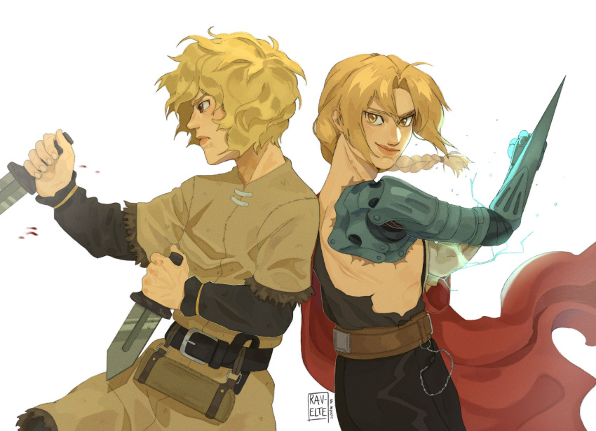 2boys blonde_hair braid braided_ponytail coat crossover dagger edward_elric fullmetal_alchemist highres holding holding_weapon knife long_hair male_focus mechanical_arms multiple_boys prosthesis ravelte_art red_coat short_hair thorfinn tunic viking vinland_saga weapon yellow_eyes