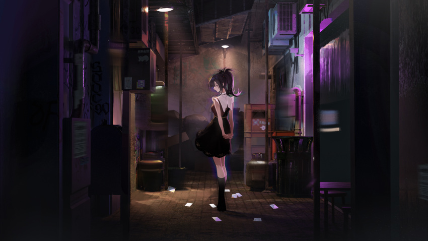 1girl absurdres air_conditioner alley ame-chan_(needy_girl_overdose) black_eyes black_hair black_skirt black_socks collared_shirt commentary expressionless full_body hair_tie highres jirai_kei light_particles looking_at_viewer medium_hair needy_girl_overdose night outdoors own_hands_together profile red_shirt security_camera shirt shirt_tucked_in sideways_glance skirt socks solo suspender_skirt suspenders symbol-only_commentary twintails yuyullllo