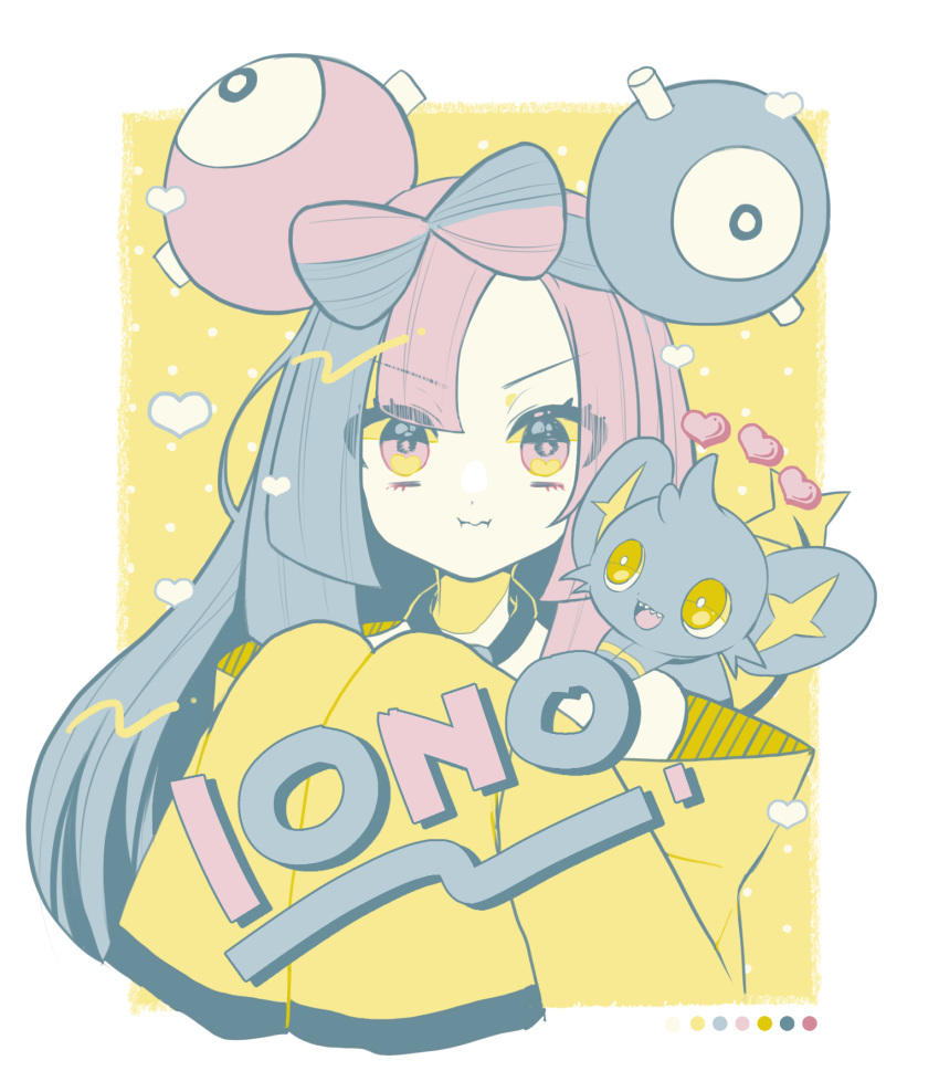 1girl :i border character_hair_ornament closed_mouth color_guide commentary_request eyelashes hair_ornament hands_up heart highres iono_(pokemon) jacket long_hair looking_at_viewer off_shoulder on_shoulder pink_eyes pink_hair pokemon pokemon_(creature) pokemon_(game) pokemon_on_shoulder pokemon_sv shinx tokkyo_chuuyu upper_body white_border yellow_background yellow_jacket