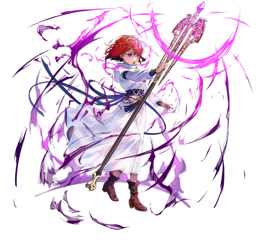 aura dark_aura dress fire_emblem fire_emblem:_mystery_of_the_emblem fire_emblem_heroes glowing glowing_weapon holding holding_staff looking_at_viewer maria_(fire_emblem) mind_control official_alternate_costume official_art redhead short_hair solo staff tassel tiara violet_eyes weapon white_background white_dress