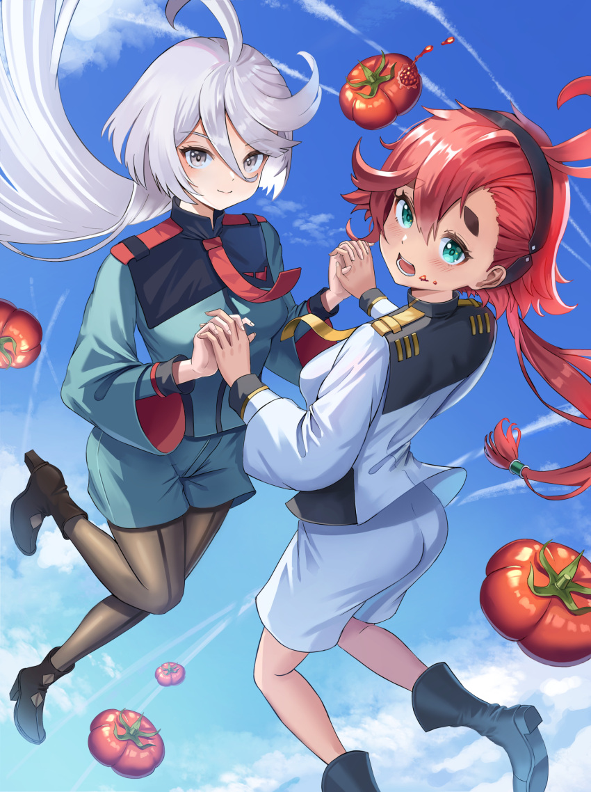 2girls absurdres boots closed_mouth day food food_on_face green_eyes grey_eyes gundam gundam_suisei_no_majo highres holding_hands junma_art long_hair long_sleeves looking_at_viewer midair military military_uniform miorine_rembran multiple_girls necktie open_mouth outdoors pantyhose redhead shorts suletta_mercury teeth tomato uniform white_hair yuri