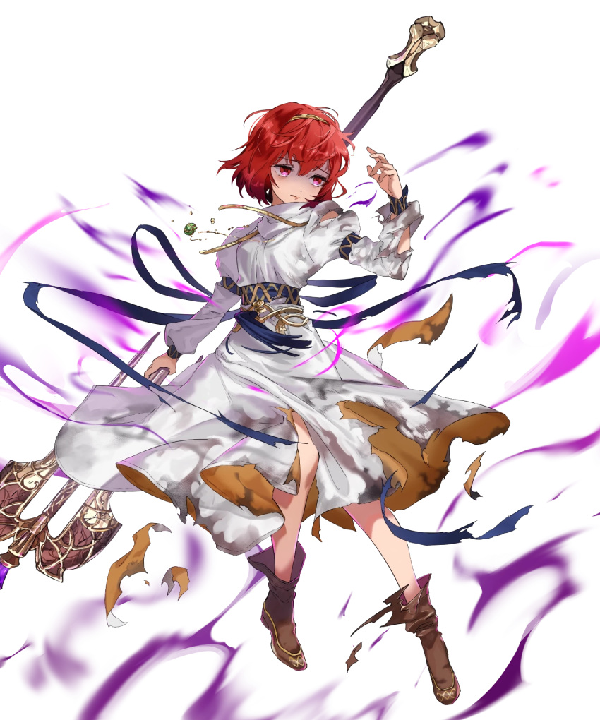 1girl ankle_boots aura boots dark_aura detached_sleeves dress fire_emblem fire_emblem:_mystery_of_the_emblem fire_emblem_heroes full_body hairband highres holding jewelry long_sleeves looking_away maria_(fire_emblem) mayo_(becky2006) necklace non-web_source official_art red_eyes redhead short_hair solo staff torn_clothes torn_dress transparent_background white_dress