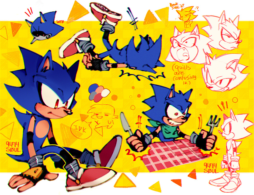 2boys 9474s0ul alternate_universe animal_ears animal_nose artist_self-insert black_gloves checkered_background closed_mouth color_guide english_text faceplant falling fingerless_gloves fork furry furry_male gloves grin highres holding holding_fork holding_knife knife male_focus metal_sonic multiple_boys multiple_views open_mouth red_eyes red_footwear robot shoes sitting smile sonic_(series) standing tail yellow_background