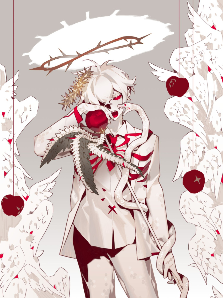 1boy amano_meme apple bone colored_eyelashes colored_sclera crown_of_thorns food formal fruit halo highres holding holding_staff jacket lobotomy_corporation multiple_wings necktie no_pupils open_mouth pants personification project_moon red_necktie red_sclera scar seraph shirt short_necktie solo staff suit white_hair white_jacket white_pants white_shirt white_suit white_wings whitenight_(lobotomy_corporation) wings