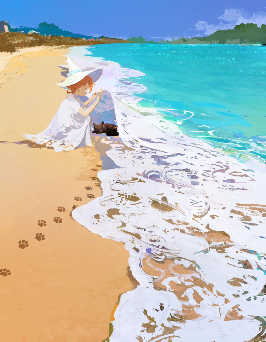 1girl animal beach black_cat blue_ribbon blue_sky cape cat closed_mouth commentary_request day dress footprints hands_up hat hat_ribbon highres hill horizon hydrokinesis medium_hair mengxuanliart ocean orange_hair original outdoors paw_print profile ribbon sand sideways_glance sky sleeping_animal smile solo squatting water white_cape white_dress white_headwear wide_shot witch_hat