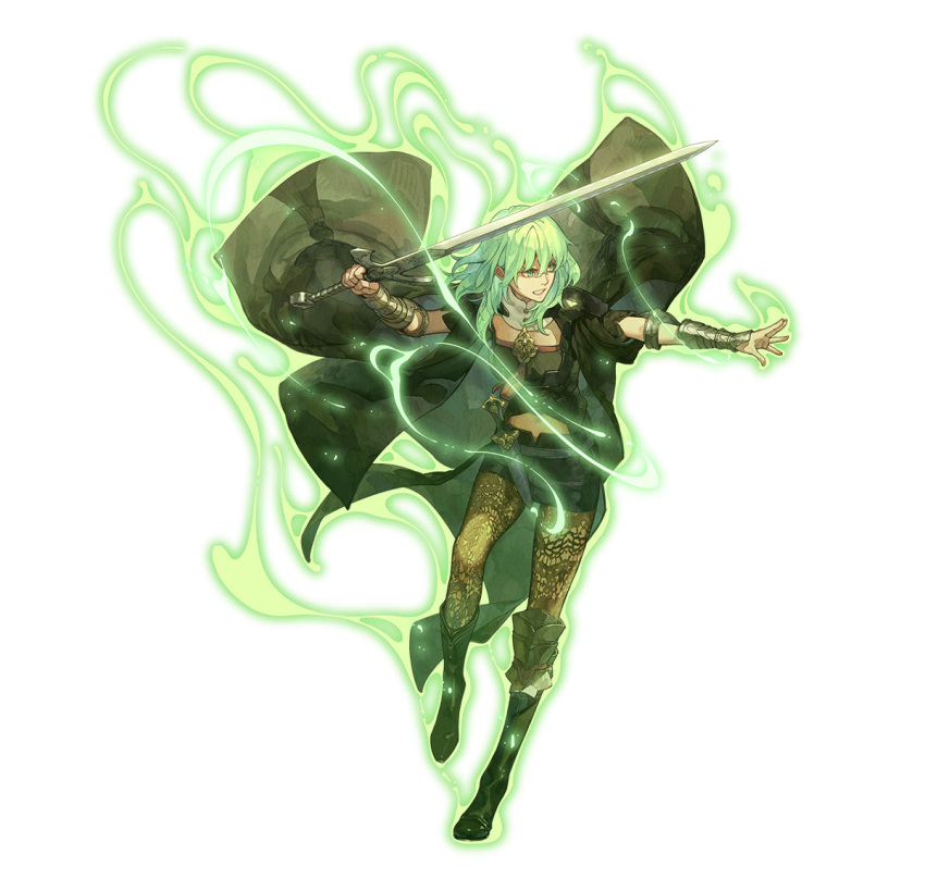 1girl aura black_coat boots breasts brooch clenched_teeth coat enlightened_byleth_(female) fire_emblem fire_emblem:_three_houses fire_emblem_heroes fire_emblem_warriors:_three_hopes glowing green_eyes green_hair high_heel_boots high_heels holding holding_sword holding_weapon jewelry long_coat medium_breasts medium_hair midriff official_art pantyhose possessed solo sword teeth weapon wrist_guards