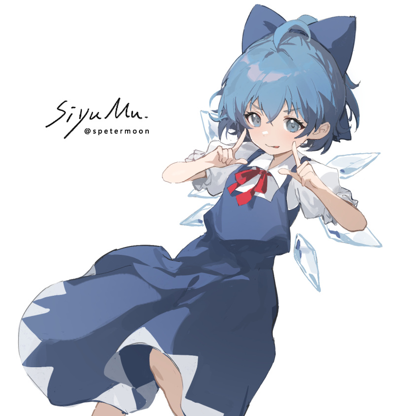 1girl artist_name blue_bow blue_dress blue_eyes blue_hair bow cirno collared_shirt detached_wings dress fairy hair_between_eyes hair_bow highres ice ice_wings pinafore_dress puffy_short_sleeves puffy_sleeves shirt short_hair short_sleeves signature simple_background siyumu sleeveless sleeveless_dress smile solo touhou twitter_username white_background white_shirt wings