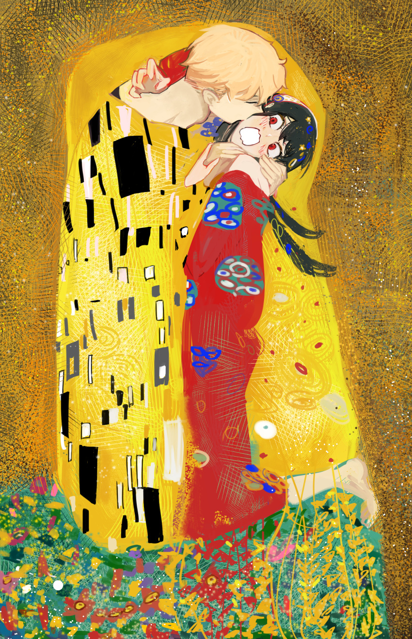 1boy 1girl absurdres arm_around_neck arm_up bare_shoulders barefoot black_hair blonde_hair blush closed_eyes embarrassed facing_another fine_art_parody full_body gustav_klimt_(style) hairband hand_on_another's_hand hetero higemu highres kiss kissing_cheek kneeling long_hair looking_at_another nervous open_mouth parody red_eyes short_hair spy_x_family standing the_kiss twilight_(spy_x_family) wavy_mouth yor_briar