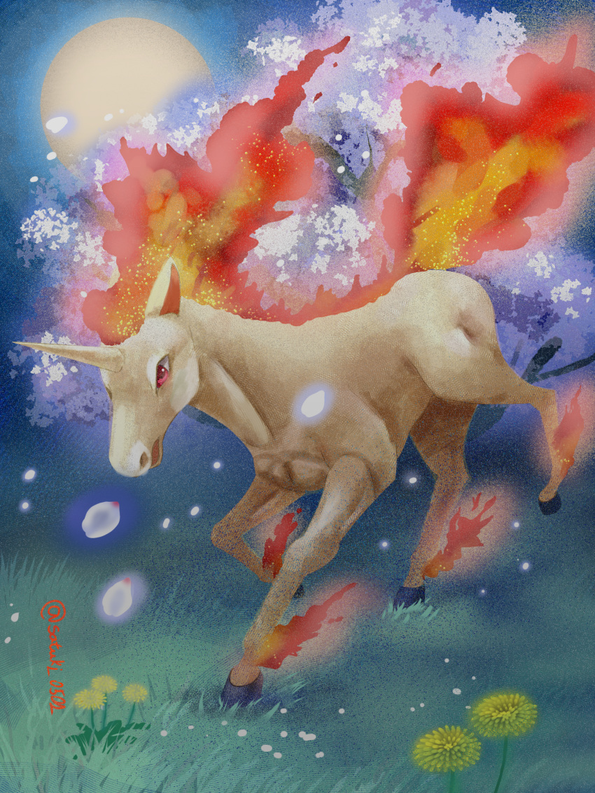 animal_focus commentary_request falling_petals fire grass highres looking_down night no_humans outdoors petals pokemon pokemon_(creature) rapidash red_eyes satsuki_(pixiv44579273) solo unicorn