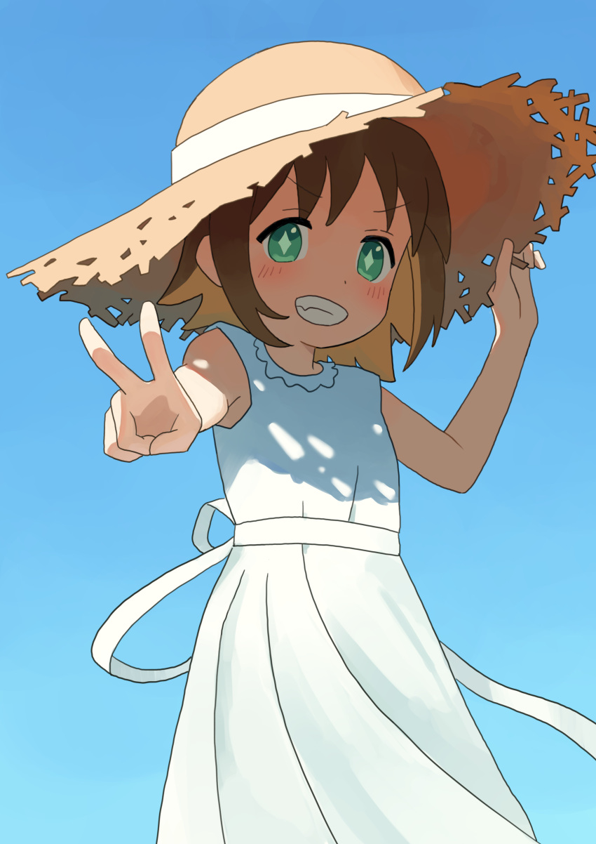 1girl absurdres bare_arms blonde_hair blue_background brown_hair chiken2525 colored_inner_hair commentary diamond-shaped_pupils diamond_(shape) dress fang green_eyes grin hand_on_headwear hat highres looking_at_viewer multicolored_hair oka_asahi onii-chan_wa_oshimai! short_hair simple_background sleeveless sleeveless_dress smile solo straw_hat symbol-shaped_pupils two-tone_hair v white_dress