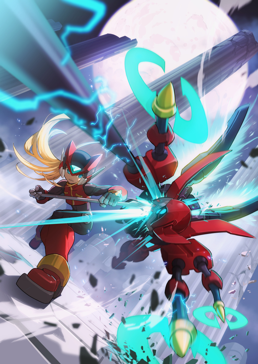 2boys absurdres black_gloves blonde_hair blue_eyes clenched_teeth commentary debris electricity energy_spear energy_weapon english_commentary extra_arms extra_eyes fighting fingerless_gloves full_moon gloves helmet herculious_anchus highres holding holding_polearm holding_weapon mega_man_(series) mega_man_zero mega_man_zero_1 moon multiple_boys non-humanoid_robot pillar polearm ponytail robot spear stab tanziya_(codlxcold) teeth weapon zero_(mega_man)
