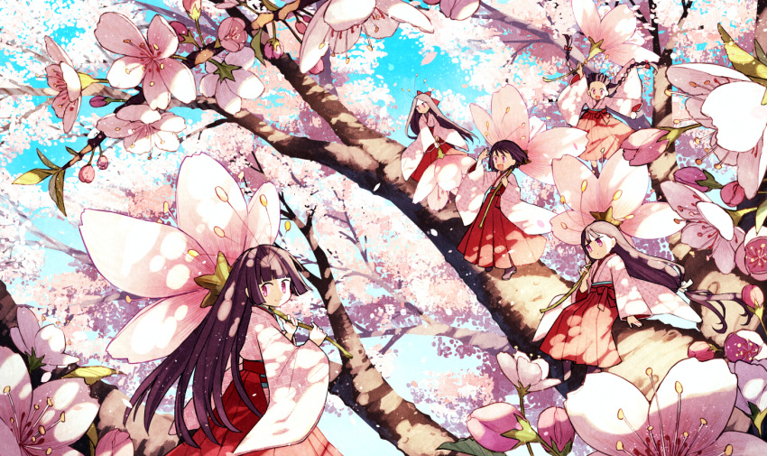 5girls arm_at_side arm_up blunt_bangs bob_cut boots braid branch brown_hair cherry_blossoms closed_mouth dappled_sunlight day flower hakama hand_up hands_up happy hime_cut hinata_(echoloveloli) holding holding_flower in_tree japanese_clothes jitome jumping kimono long_hair long_sleeves looking_at_viewer looking_away looking_back looking_to_the_side mini_person minigirl multiple_girls nature open_mouth original outstretched_arm pink_flower pink_kimono purple_hair red_hakama shading_eyes short_hair sidelocks sitting sky smile spring_(season) standing sunlight tree twin_braids twintails very_long_hair violet_eyes wide_sleeves