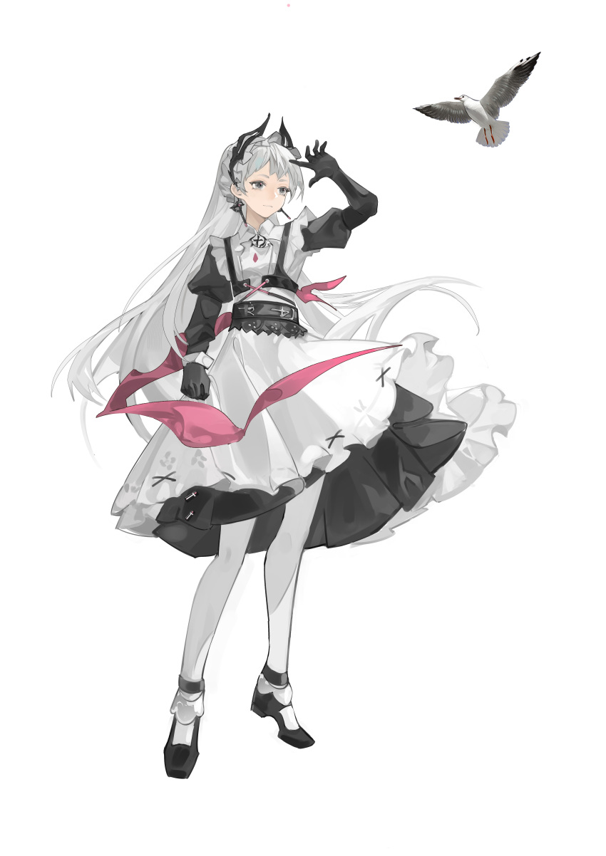 1girl absurdres apron arknights arm_up belt bird black_dress black_footwear black_gloves closed_mouth dress duohelengshuiba earrings elbow_gloves expressionless full_body gloves grey_eyes grey_hair highres irene_(arknights) irene_(voyage_of_feathers)_(arknights) jewelry long_hair long_sleeves looking_afar looking_away maid maid_headdress official_alternate_costume pantyhose ponytail solo standing very_long_hair white_apron white_pantyhose