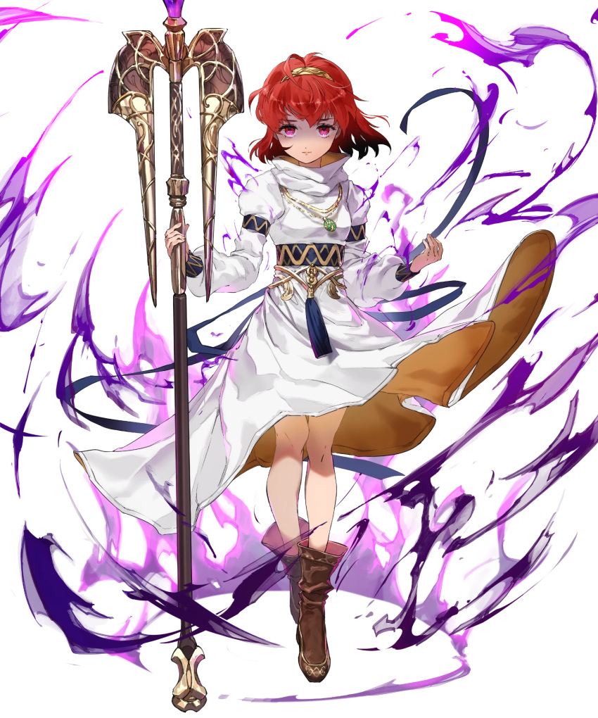 1girl ankle_boots aura boots dark_aura detached_sleeves dress fire_emblem fire_emblem:_mystery_of_the_emblem fire_emblem_heroes full_body hairband highres holding jewelry long_sleeves looking_at_viewer maria_(fire_emblem) mayo_(becky2006) necklace non-web_source official_art red_eyes redhead short_hair solo staff standing transparent_background white_dress