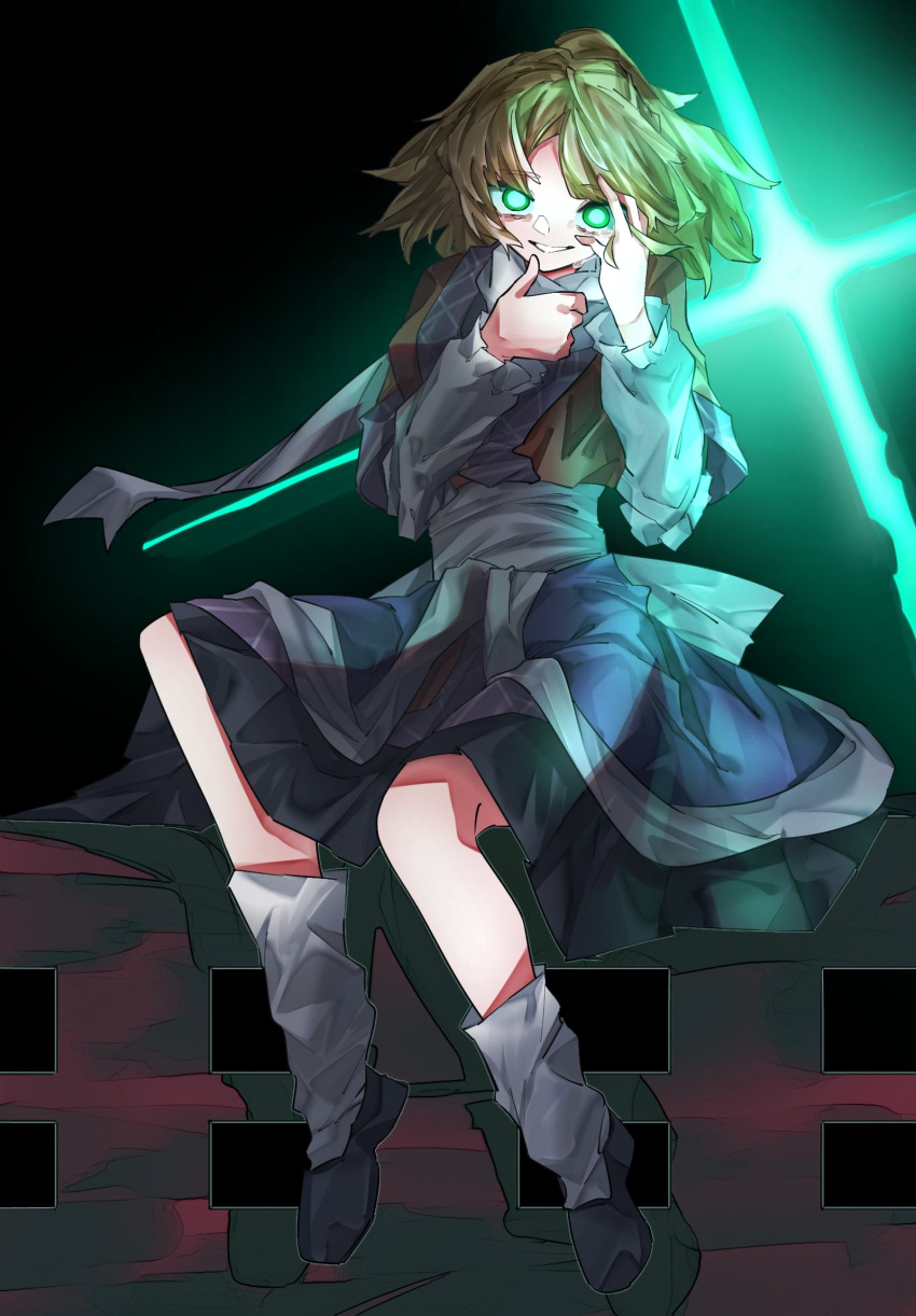 1girl alt_text arm_warmers black_footwear blonde_hair bridge commentary full_body glowing glowing_eyes grin highres looking_at_viewer mizuhashi_parsee multicolored_clothes scarf short_hair sitting smile socks solo touhou vivo_(vivo_sun_0222) white_scarf white_socks