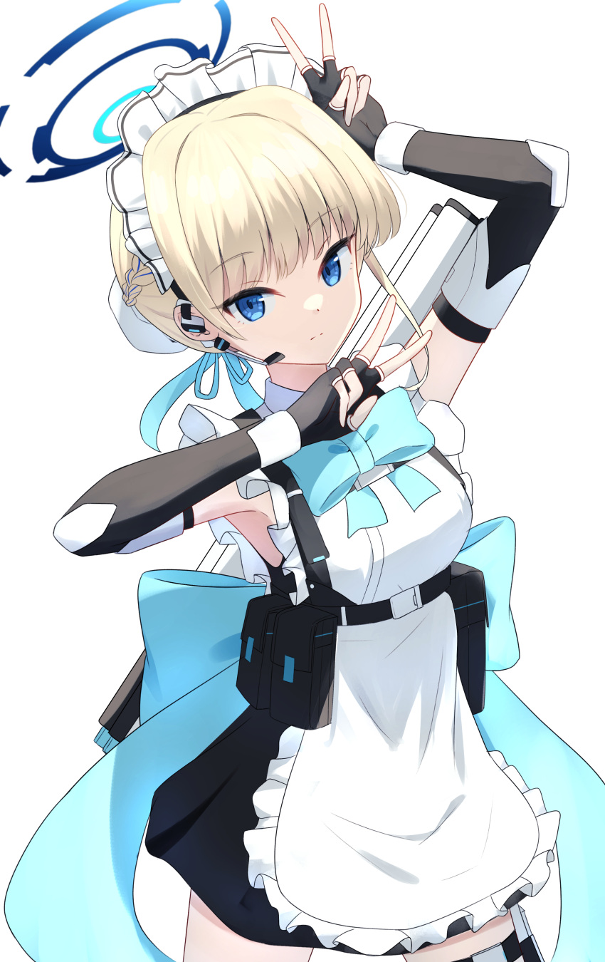1girl absurdres apron belt black_gloves blue_archive blue_bow blue_eyes bow braid bun_cover commentary_request cpk_prd double_v elbow_gloves fingerless_gloves frilled_apron frills gloves hair_bun halo headset highres holster light_brown_hair long_hair looking_at_viewer maid maid_apron maid_headdress multicolored_hair shoulder_strap sidelocks simple_background single_braid single_hair_bun sleeveless solo streaked_hair thigh_belt thigh_holster thigh_strap toki_(blue_archive) two-tone_hair v white_apron white_background
