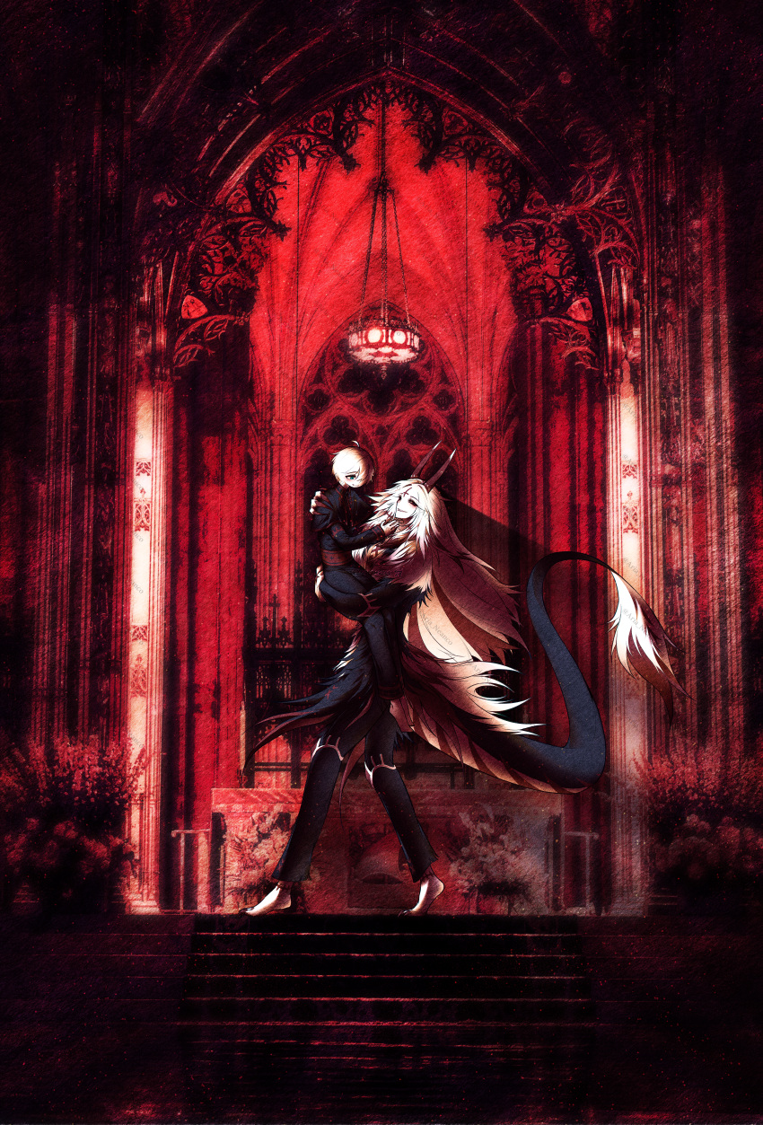 1boy 1girl absurdres arianeanco black_dress cathedral chandelier dragon_girl dragon_horns dragon_tail dress highres horns original stairs tail