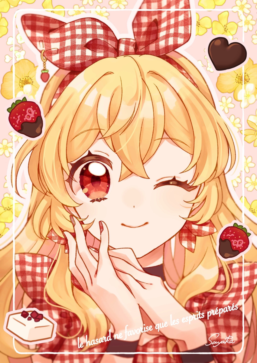 1girl ;) aikatsu!_(series) alternate_costume blonde_hair bow candy chocolate chocolate_strawberry closed_mouth earrings flower food fruit hair_between_eyes hair_bow hairband heart heart-shaped_chocolate highres hoshimiya_ichigo jewelry kaji_sayaka_(chouchou387) long_hair looking_at_viewer nail_polish one_eye_closed own_hands_together red_eyes red_nails smile solo straight-on strawberry upper_body white_flower yellow_flower