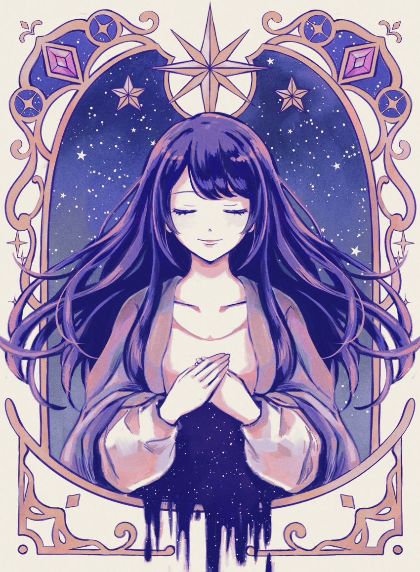 1girl absurdres closed_eyes closed_mouth coat collarbone commentary double_exposure highres hoshino_ai_(oshi_no_ko) long_sleeves open_clothes open_coat oshi_no_ko purple_hair remiii_888 sidelocks sky solo star_(sky) starry_sky swept_bangs