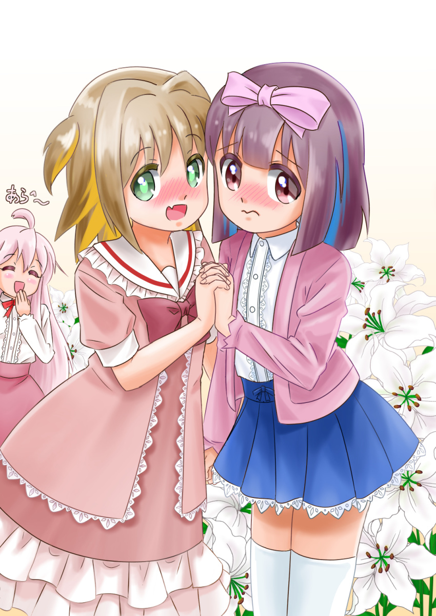 3: 3girls :d ^_^ ahoge bare_arms blue_hair blue_skirt blunt_bangs blunt_ends blush bow bowtie brown_eyes brown_hair center_frills closed_eyes commentary dress embarrassed fang flower frilled_dress frilled_shirt_collar frilled_skirt frills frown green_eyes hair_intakes hand_to_own_mouth highres holding_hands hozuki_momiji interlocked_fingers jacket light_brown_hair lily_(flower) long_sleeves looking_at_viewer medium_hair mtak46597821 multicolored_hair multiple_girls nose_blush oka_asahi onii-chan_wa_oshimai! orange_hair oyama_mahiro pink_dress pink_hair pink_jacket pink_skirt pleated_skirt puffy_short_sleeves puffy_sleeves red_bow red_bowtie shirt short_sleeves skin_fang skirt smile thigh-highs translated two-tone_hair two_side_up wavy_mouth white_shirt white_thighhighs wing_collar zettai_ryouiki