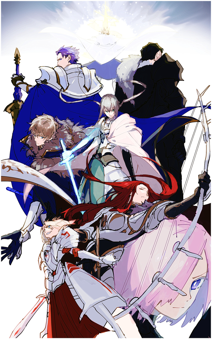 3girls 5boys airgetlam_(fate) armor arondight_(fate) artoria_pendragon_(fate) artoria_pendragon_(lancer)_(fate) bedivere_(fate) black_armor black_cape black_gloves black_hair blonde_hair blue_cape blue_dress blue_eyes border bow_(weapon) bright_pupils cape clarent_(fate) closed_eyes closed_mouth crown domu_(hamadura) dress facing_away fate/grand_order fate_(series) faulds feet_out_of_frame floating_cape from_behind fur-trimmed_cape fur_trim gauntlets gawain_(fate) gloves glowing glowing_sword glowing_weapon gold_trim green_eyes green_tunic grey_hair hair_between_eyes hair_over_one_eye hair_tubes highres holding holding_bow_(weapon) holding_sword holding_weapon knight knights_of_the_round_table_(fate) lancelot_(fate/grand_order) long_hair looking_at_viewer looking_back low_twintails mash_kyrielight mordred_(fate) mordred_(fate/apocrypha) multiple_boys multiple_girls outstretched_arm parted_bangs pink_hair planted planted_sword ponytail portrait prosthesis prosthetic_arm purple_hair red_robe redhead robe serious short_hair shoulder_armor shoulder_cape spiky_hair sword tristan_(fate) tunic twintails violet_eyes weapon white_background white_border white_cape white_pupils