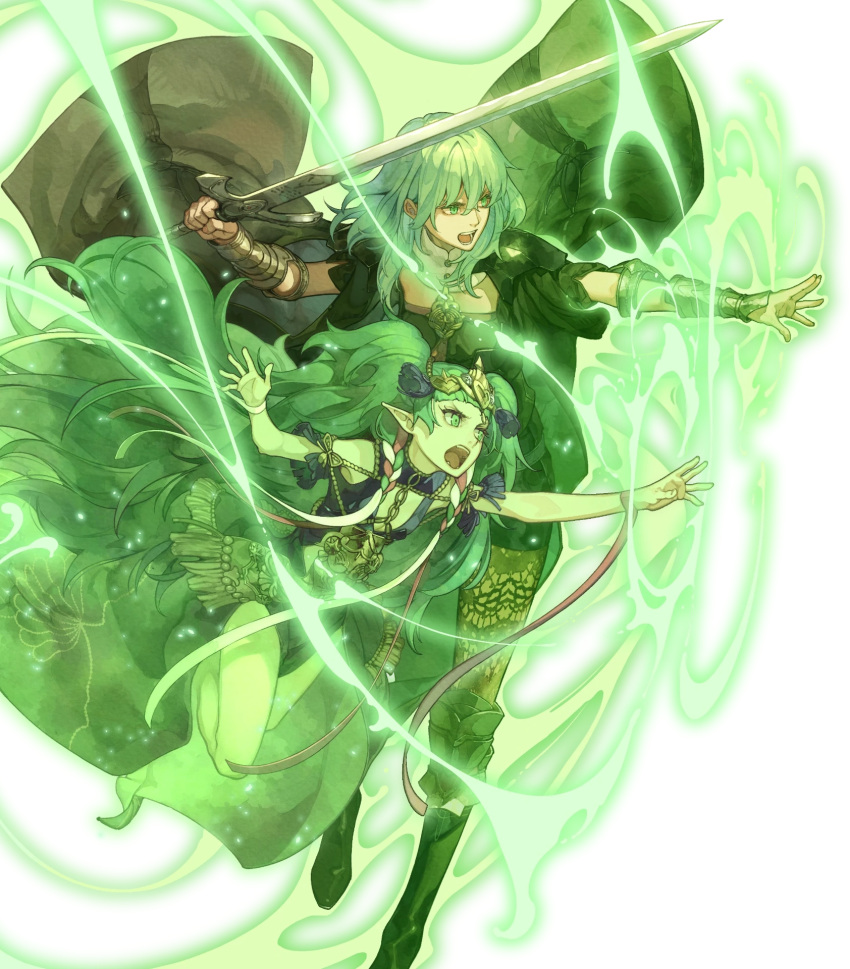 arm_guards aura belt boots byleth_(female)_(fire_emblem) byleth_(fire_emblem) cape dagger dress fire_emblem fire_emblem:_three_houses fire_emblem_heroes fire_emblem_warriors:_three_hopes full_body green_eyes grey_hair hidari_(left_side) highres holding holding_sword holding_weapon knee_boots knife long_hair looking_away midriff non-web_source official_art open_mouth pantyhose shorts solo sothis_(fire_emblem) sword teeth tiara transparent_background turtleneck upper_teeth_only weapon