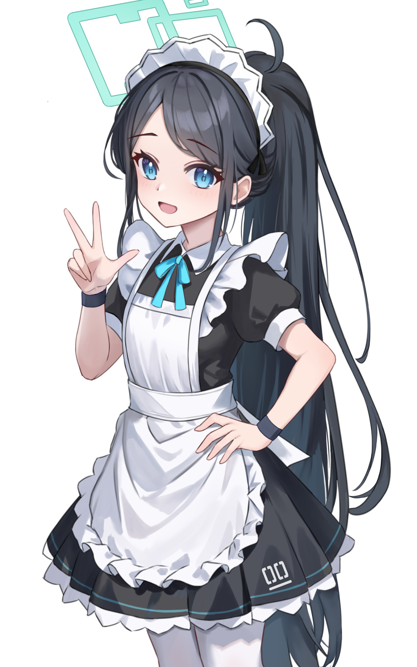 1girl absurdly_long_hair absurdres alternate_costume apron aris_(blue_archive) aris_(maid)_(blue_archive) black_hair black_wristband blue_archive blue_eyes blue_halo blue_ribbon enmaided fanteam frilled_apron frills green_halo halo hand_on_own_hip highres long_hair maid maid_apron maid_headdress official_alternate_costume ponytail puffy_short_sleeves puffy_sleeves ribbon short_sleeves v very_long_hair white_apron white_background