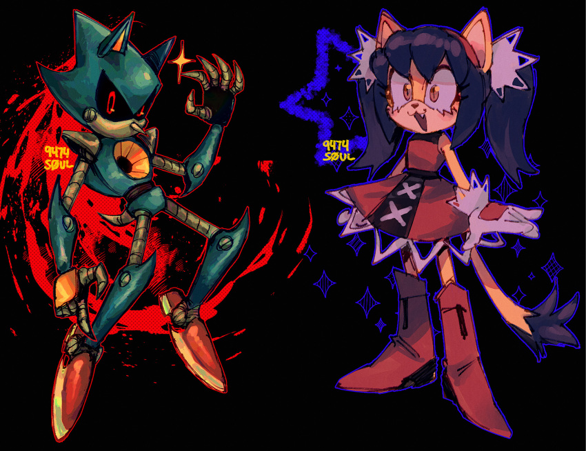 1boy 1girl 9474s0ul animal_ears animal_nose arm_up black_background black_hair blue_outline boots brown_eyes cat_ears cat_girl cat_tail commentary dress english_commentary full_body furry furry_female gloves hairband highres honey_the_cat long_hair metal_sonic open_mouth outline red_dress red_eyes red_footwear red_outline robot simple_background sleeveless sleeveless_dress smile sonic_(series) standing star_(symbol) tail twintails white_gloves