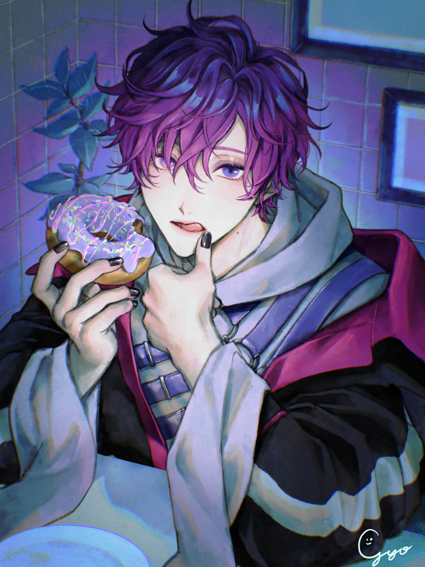 1boy absurdres artist_name belt black_coat black_nails coat commentary doughnut eyelashes fingernails food gradient_hair grey_hoodie gyoza_(gyozadaisuki_23) hair_between_eyes hands_up highres holding holding_food hood hood_down hoodie indoors licking_lips long_sleeves looking_at_viewer male_focus mole mole_on_neck multicolored_hair nail_polish nijisanji nijisanji_en o-ring o-ring_belt open_clothes open_coat picture_frame plant plate purple_belt purple_hair short_hair signature solo table tile_wall tiles tongue tongue_out uki_violeta upper_body violet_eyes virtual_youtuber wide_sleeves