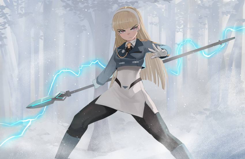 1girl blonde_hair fog forest gloves headband highres hime_cut holding holding_polearm holding_weapon jourd4n leggings lightning long_hair long_sleeves looking_at_viewer nature original polearm solo spear violet_eyes weapon white_headband