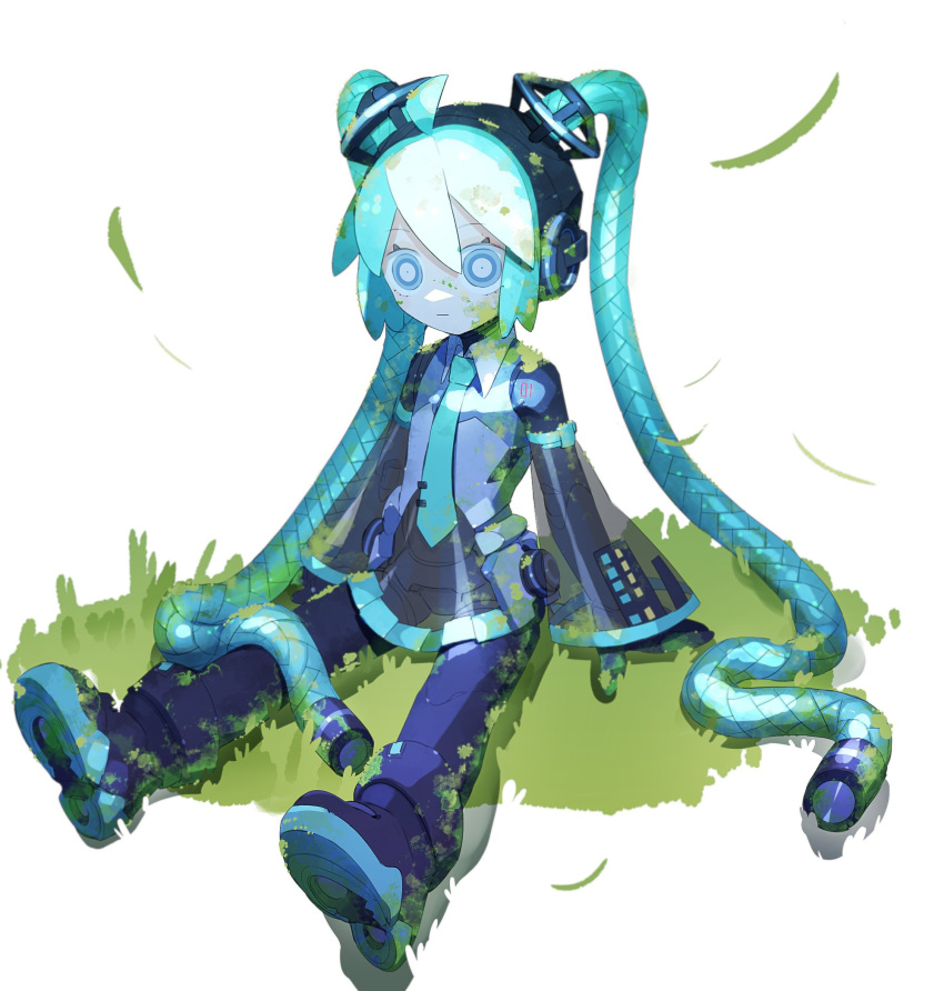 1girl ahoge android aqua_eyes aqua_hair aqua_necktie blue_eyes blue_hair blue_skin cable cable_hair cheri_zao colored_skin detached_sleeves expressionless full_body grass hatsune_miku highres long_hair mechanical_parts moss necktie number_tattoo on_grass on_ground pleated_skirt robot see-through see-through_skirt see-through_sleeves shirt simple_background sitting sketch skirt solo tattoo twintails very_long_hair vocaloid white_background wide-eyed wide_sleeves